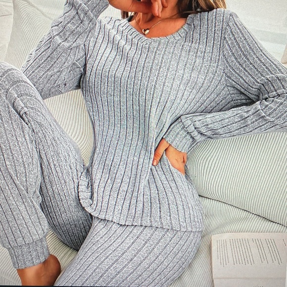 Women's Ribbed Knit Pajama Set - Gray
